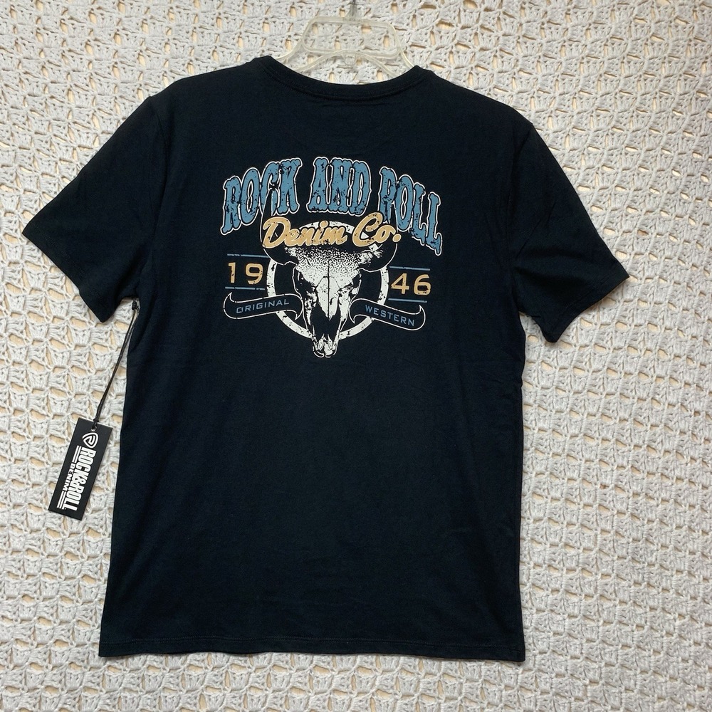 Rock & Roll Cowboy Shirt Mens S‎ Black Skull Tee Crew Neck Short Sleeve NWT